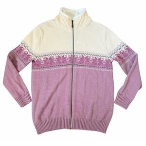 VTG Levandi Full Zip 100% Wool PinkSnowflake Fair Isle Knit Ski Sweater Sz L